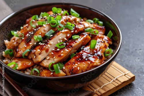Chicken teriyaki made of chicken breast fillets, sweet Japanese wine, freshly grated ginger, soya sauce, green onions for garnish served in bowl