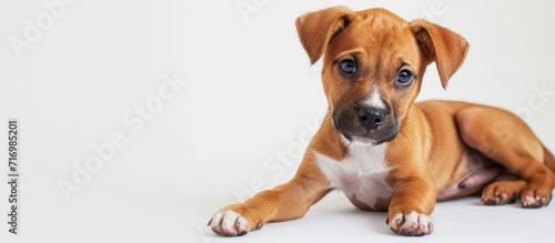 Cute mixed breed puppy posed in studio on white backdrop.