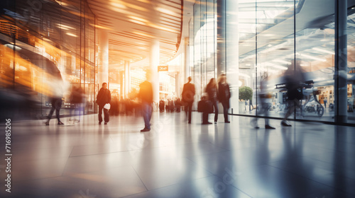 Blurred image of business people walking in the lobby of a modern office building