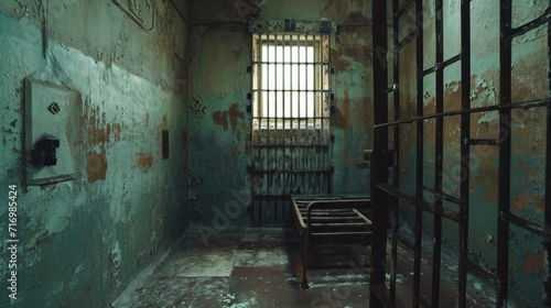 A picture of a jail cell with bars and a window. This image can be used to depict incarceration, confinement, or the criminal justice system