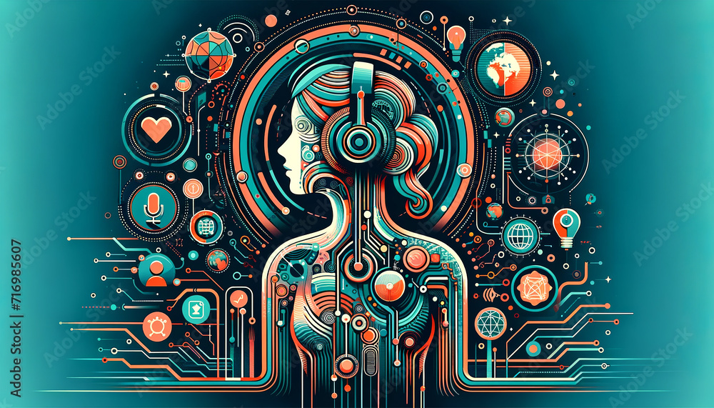 This illustration shows a profile of a human head filled with various technology and digital icons, embodying the idea of an intelligent, connected mind. AI generated.