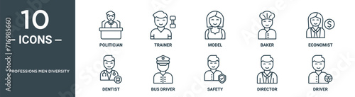 professions men diversity outline icon set includes thin line politician, trainer, model, baker, economist, dentist, bus driver icons for report, presentation, diagram, web design