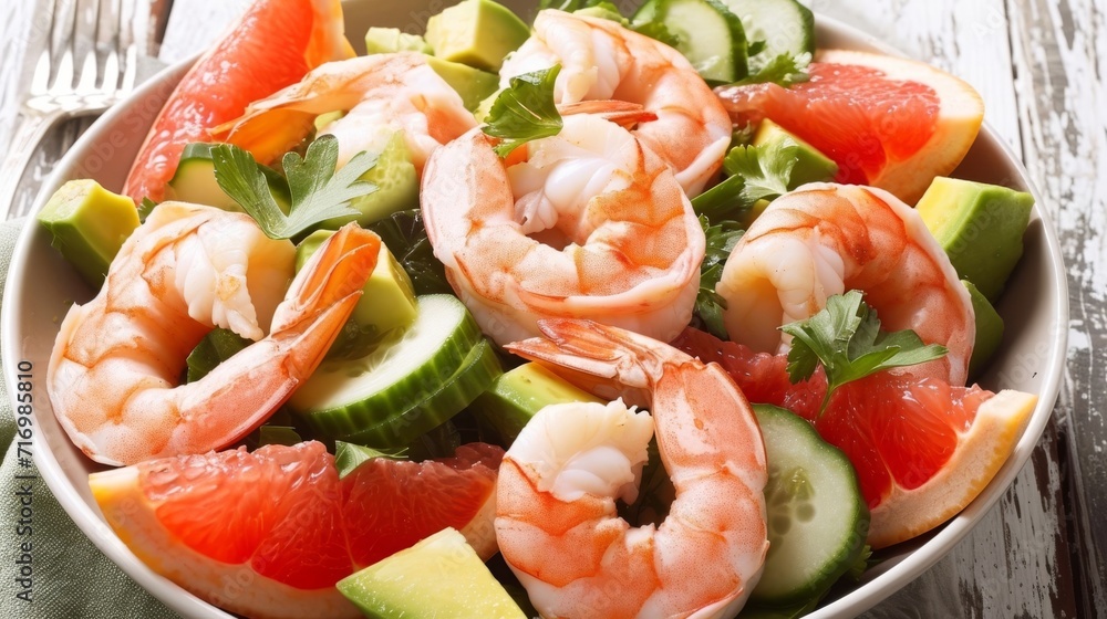 Shrimp and grapefruit salad with avocado and cucumber on a ceramic plate.