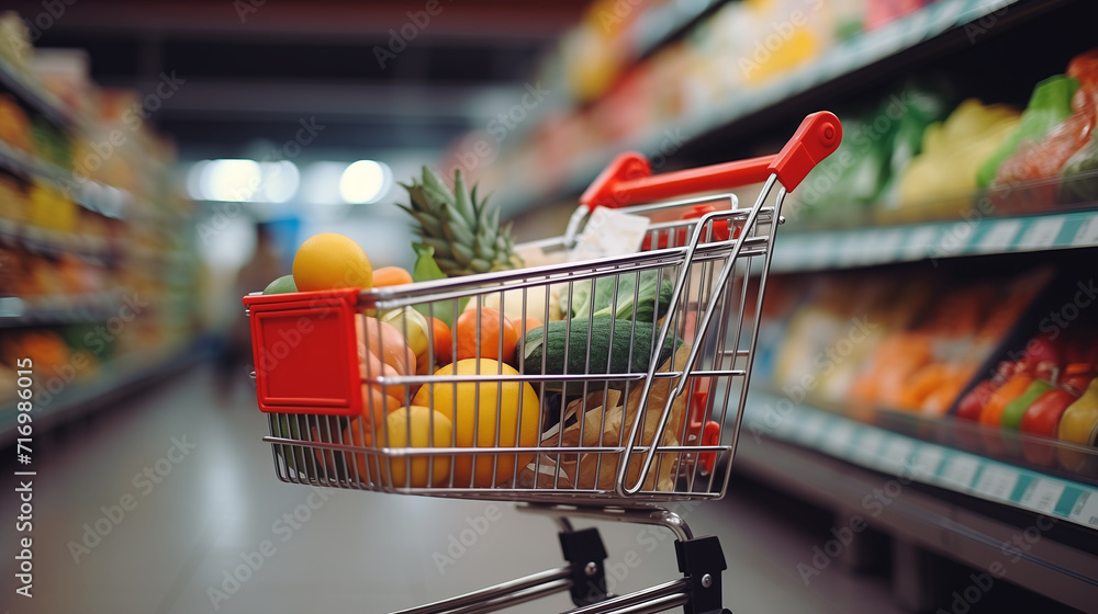 selective focus of shopping cart with purchases in supermarket