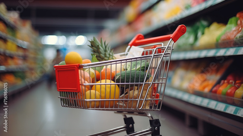 selective focus of shopping cart with purchases in supermarket photo