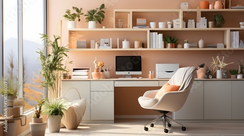 A well-lit home office space with chic peach pastel decor, a comfortable workspace, and lush plants by a large window.