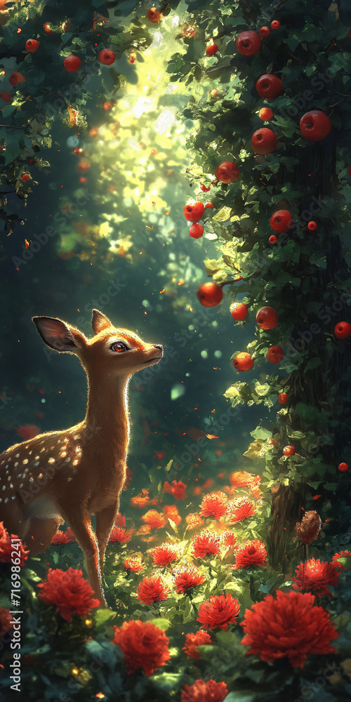 Fototapeta premium A beautiful deer under an apple tree. painting picture.