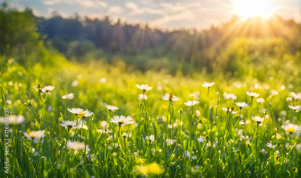 Sunny spring field: Vibrant camomile flowers under the sun