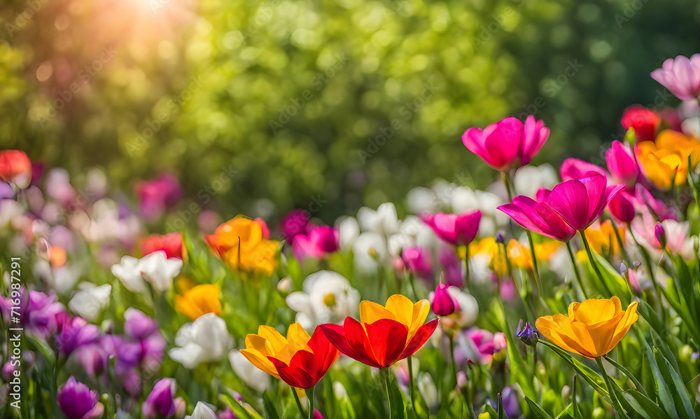 Sunny spring field: Vibrant flowers under the sun Sunny spring field: Vibrant flowers under the sun