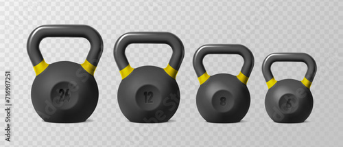 3d realistic vector icon illustration. Collection of different weights of kettlebels. Isolated.
