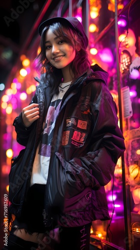 A Japanese girl with a radiant smile, dressed in a black bomber jacket, ripped jeans, and boots, poses against a solid purple background with floating neon lights