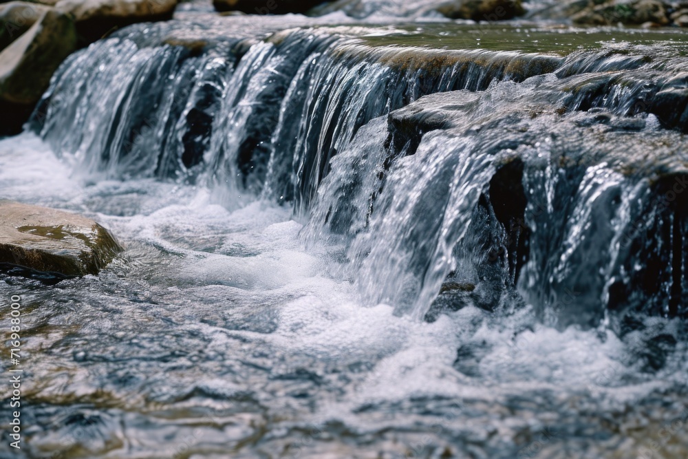 A picturesque scene of water flowing gracefully over rocks in a stream. This image captures the serene beauty of nature and can be used in various projects and designs A picturesque scene of water flowing gracefully over rocks in a stream. This image captures the serene beauty of nature and can be used in various projects and designs