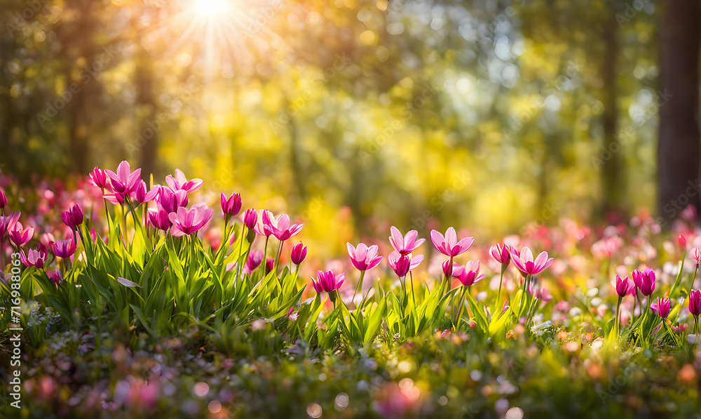 Sunny spring field: Vibrant flowers under the sun Sunny spring field: Vibrant flowers under the sun