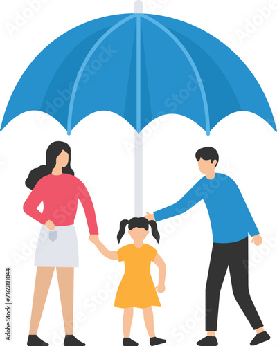 Family safety, Life insurance or protection, Lovely family holding hands, Parent with daughter and cute little dog, Helping hand palm with other hand, Cover above for shelter and protection
