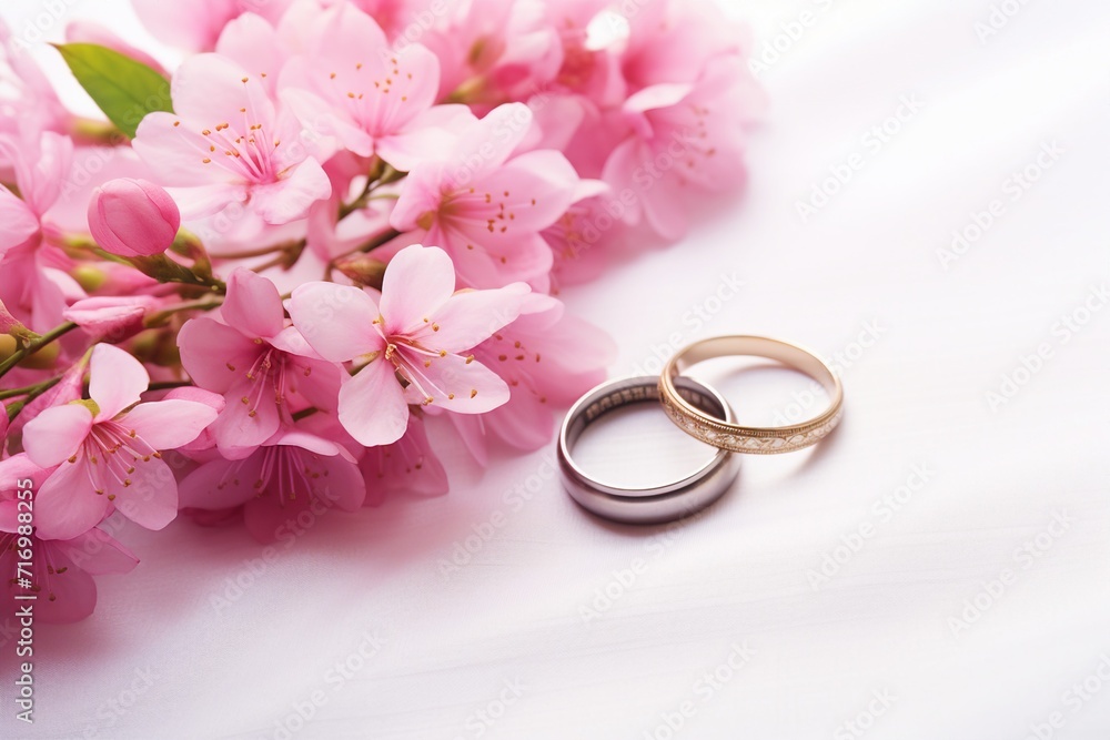 Weeding gold ring, pink flower background. Weeding gold ring, pink flower background.