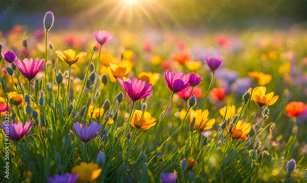 Sunny spring field: Vibrant flowers under the sun