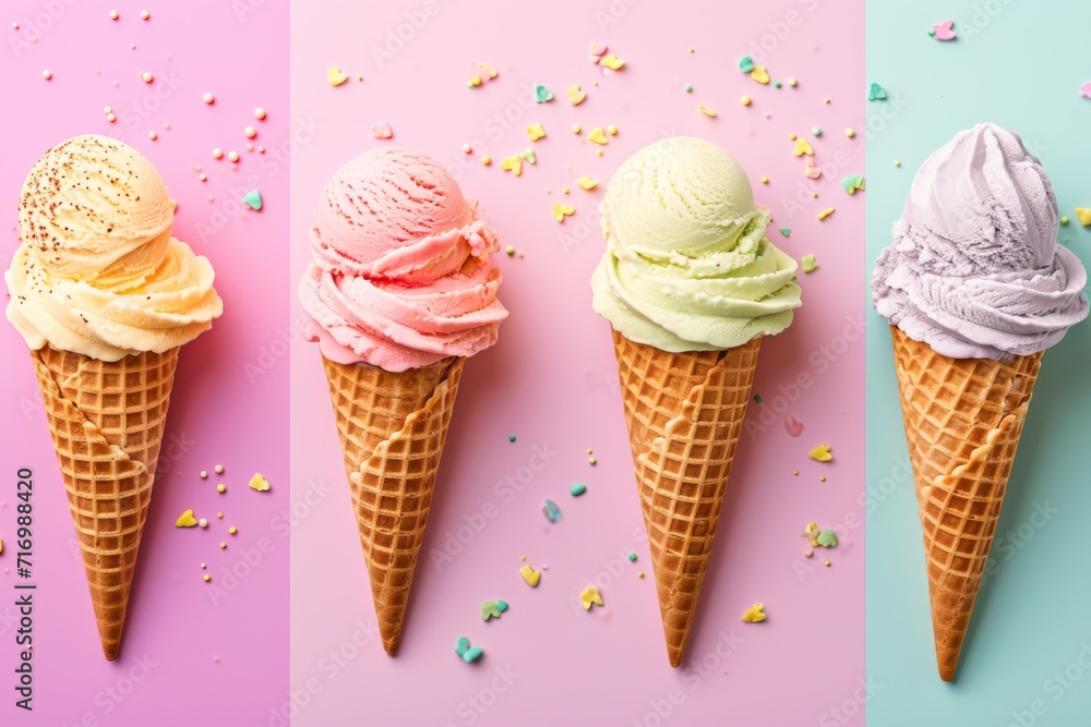Colorful Pastel Background With Ice Cream Waffle Cones Colorful Pastel Background With Ice Cream Waffle Cones