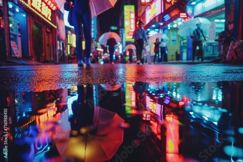 A person is seen walking down a street  holding an umbrella. This image can be used to depict a rainy day or someone protecting themselves from the sun or rain