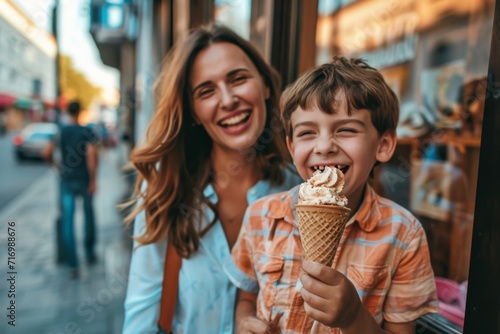 Cheerful Mother And Son Delight In Ice Cream While Joyfully Exploring City Bliss
