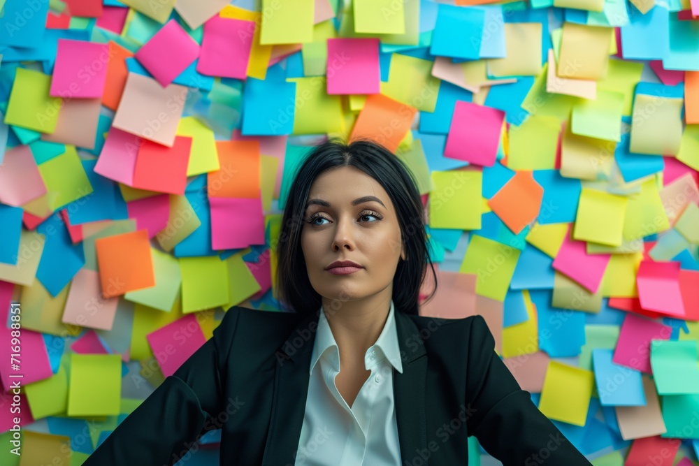 Overwhelmed Businesswoman Surrounded By Chaos Office Covered In Sticky Notes Overwhelmed Businesswoman Surrounded By Chaos Office Covered In Sticky Notes