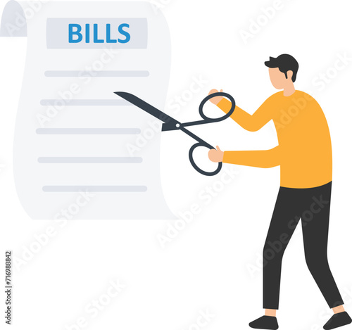 Cut bills to reduce cost and expense, Tax or payment deduction, Limit spending or control cash flow, Using big scissors to cut piles, Cuts the bills and expense
