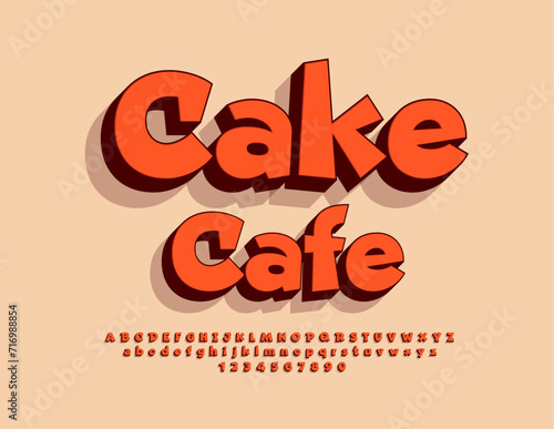 Vector trendy signboard Cake Cafe with 3D funny Font. Comic style Alphabet Letters and Numbers set.