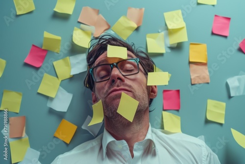 Battling An Avalanche Of Sticky Notes: Man Overwhelmed And Struggling To Stay Afloat