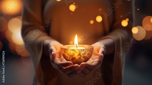 AI generated Hands Holding Candle With Shining Flame And Blurry Lights - Defocused Hope Concept Free Photo