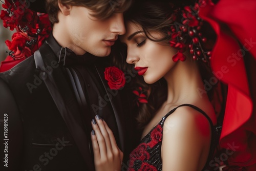 Romantic Embrace Between Fashionable Couple Wearing Elegant Black And Red Attire