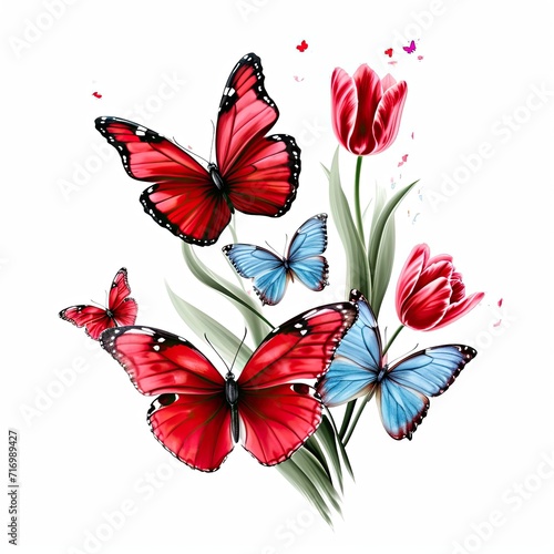A bunch of red and blue butterflies on a white background, clipart isolated on white background. © Friedbert