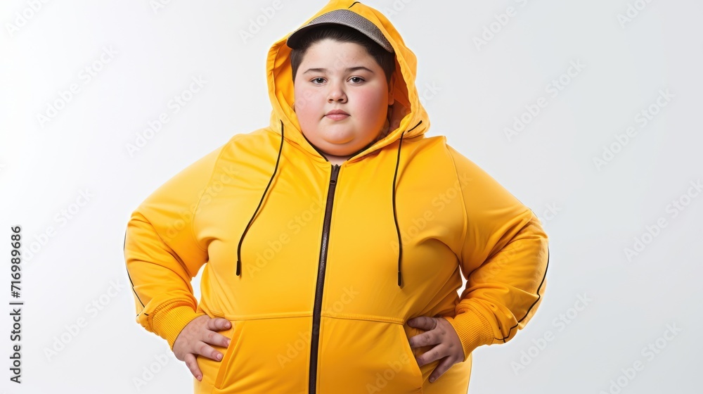 Overweight child in a tracksuit on a white background Overweight child in a tracksuit on a white background