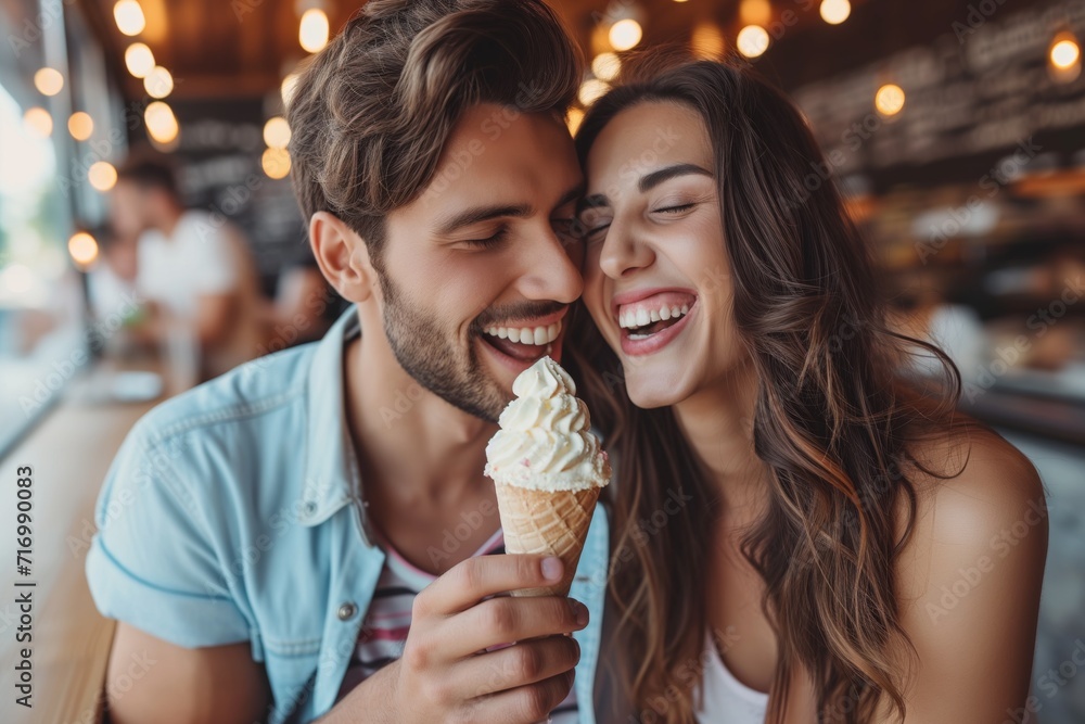 Youthful Couple On Delightful Ice Cream Date, Radiating Pure Joy Youthful Couple On Delightful Ice Cream Date, Radiating Pure Joy