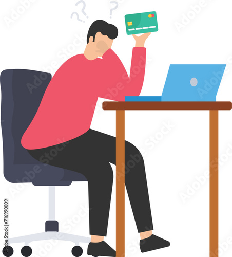 Credit card online payment, e-commerce or internet shopping, Contemplation man looking at his credit card, Using it to buy things online
