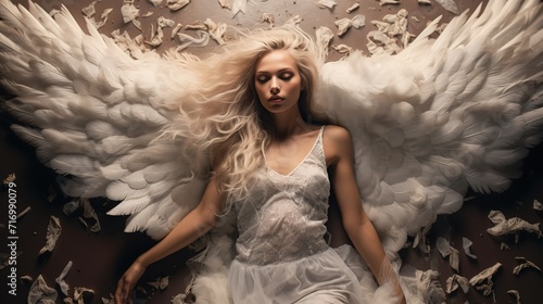 Marvelous and gorgeous woman angel with massive wings dress ai generated image