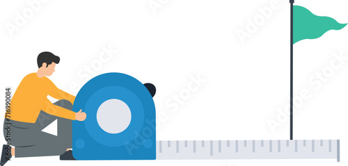 Business success measurement, How far from business goal and achievement, Growth metric analysis, Using measuring tape to measure, Analyze distance from target flag
