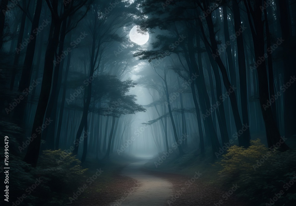 Mysterious forest with a moonlit path fog Mysterious forest with a moonlit path fog