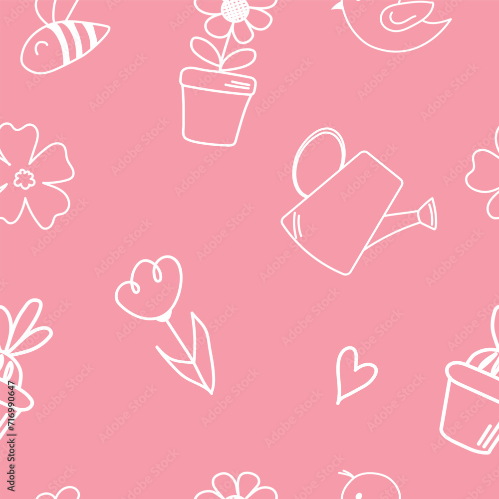 Cute seamless spring pattern with doodle flowers, flowers in pots and watering can. Hand drawn flowers. Vector illustration. Springtime, summertime concepts.
