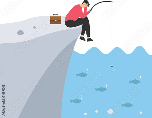 Fail to see opportunity, Uninspired employee stuck to find creativity, motivation, Corporate success or challenge, Bored woman blindly sit and fishing at wrong place, ignore success opportunity
