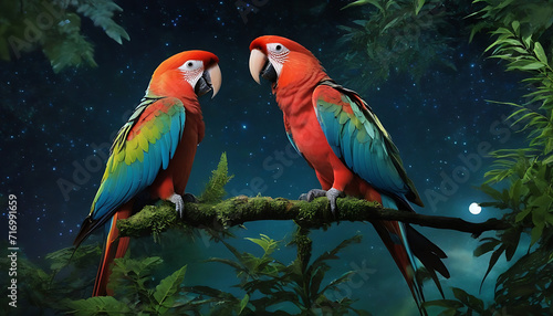 blue and yellow macaw in the jungle, Whispers of Lovebird Cybernetics in the Starlit Forest