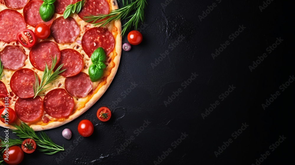 Pizza with salami, tomatoes and rosemary on black background. Top view. Copy space. Pizza with salami, tomatoes and rosemary on black background. Top view. Copy space.