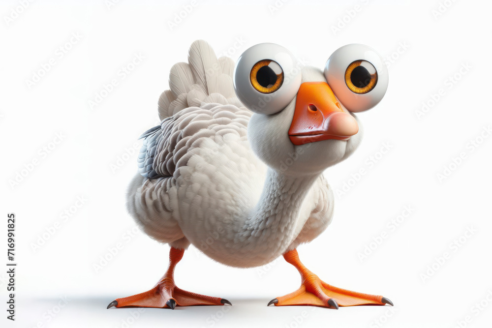 full body Funny Portrait of surprised goose with bulging big eyes on solid white background. ai generative