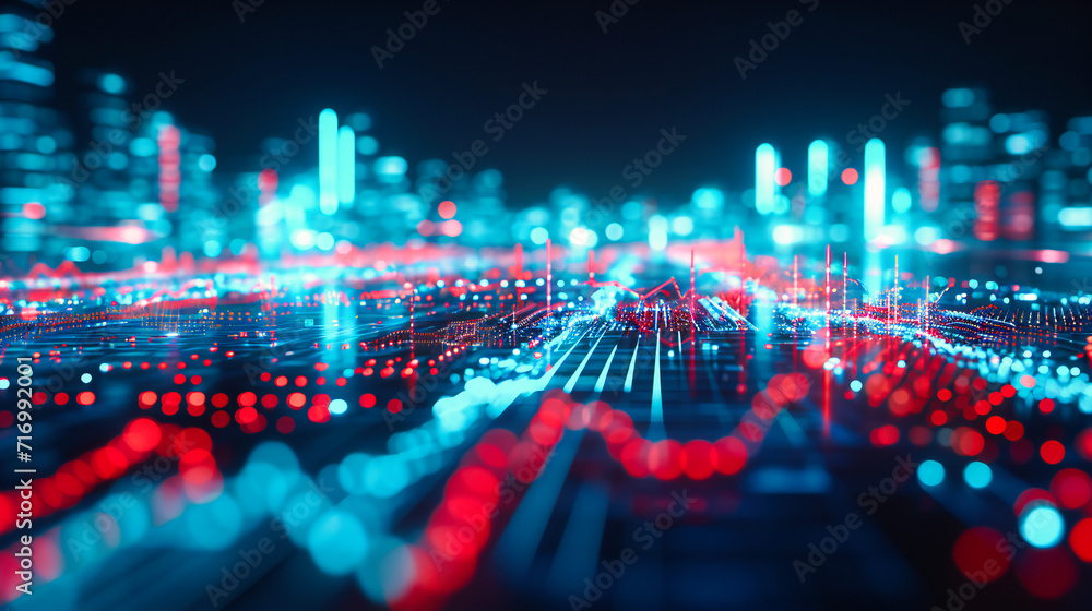 Futuristic Digital Network Concept: Abstract City Skyline with Modern Technology and Blue Tones
