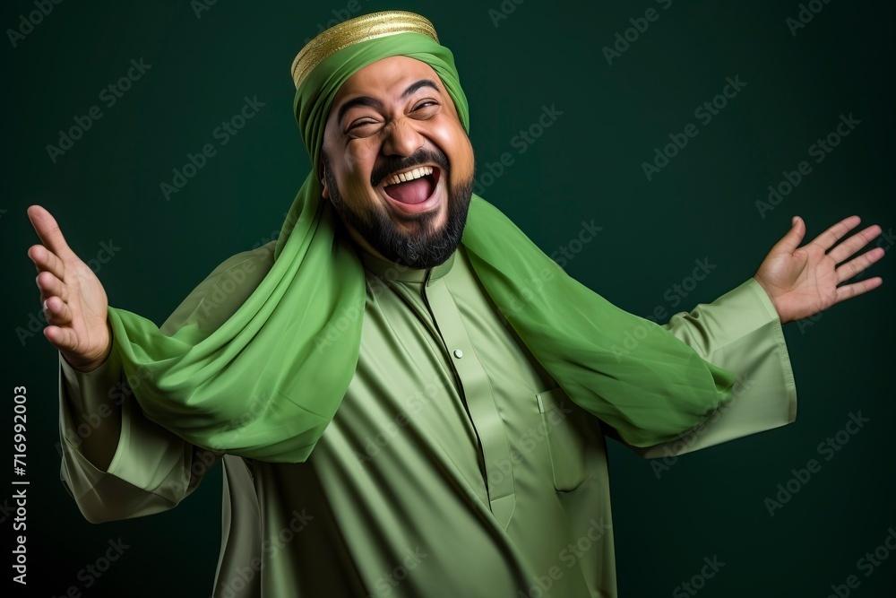a muslim man poses greetings on green background with generative ai a muslim man poses greetings on green background with generative ai