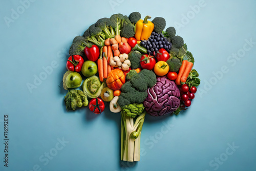Nourish your mind. A creative blend of tasty vegetables forming a human brain. Inspire healthy living with this unique vegetarian and vegan food concept.