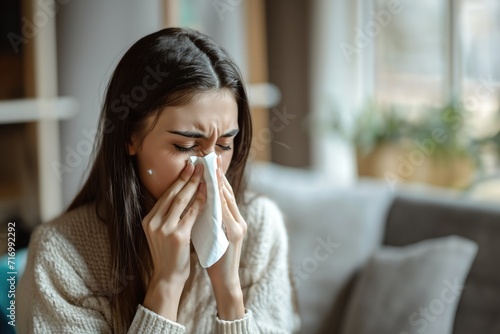 Young adult female sneezing into a tissue, possibly suffering from a cold, indoors