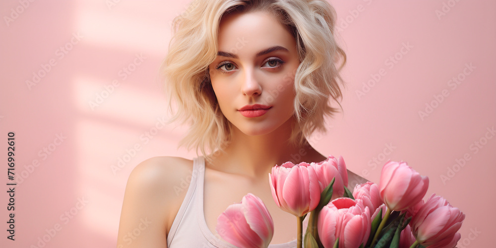 Cute young beautiful girl with a bouquet of pink tulips on a pink background, portrait, copy space