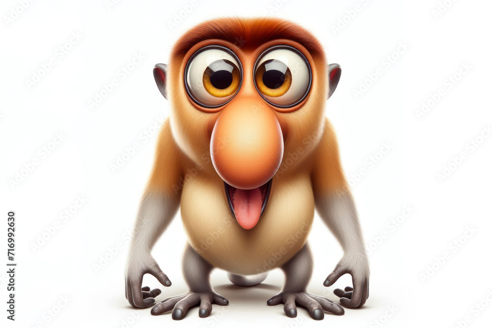 Funny Portrait of surprised Proboscis Monkey with bulging big eyes on solid white background. ai generative