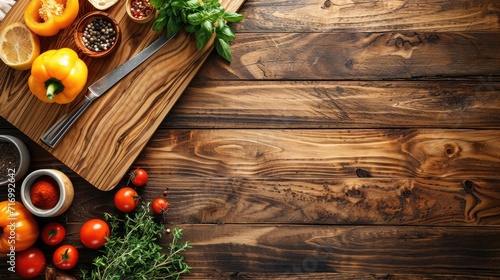 Top view of a wooden kitchen table filled with fresh vegetables and cooking utensils, ready for meal preparation..