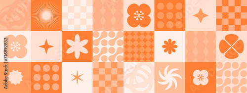 Simple geometric vector pattern with star shapes, flower shapes and abstract bauhaus forms in peach fuzz color of the year 2024. Abstract orange background