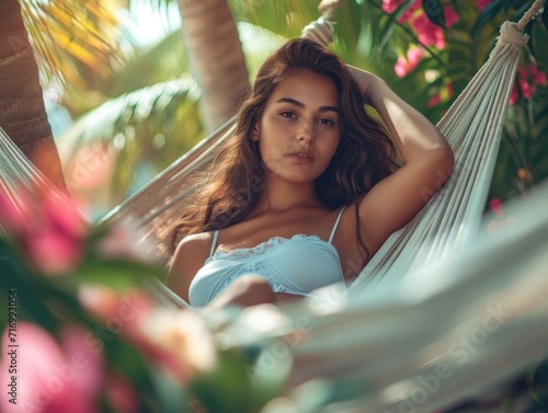 Cute young woman laying Hammock, between two trees, enjoying a relaxing moment with a serene expression, palms, tropical beach, flowers, wear bikini, smiling, travel, rest © YamunaART